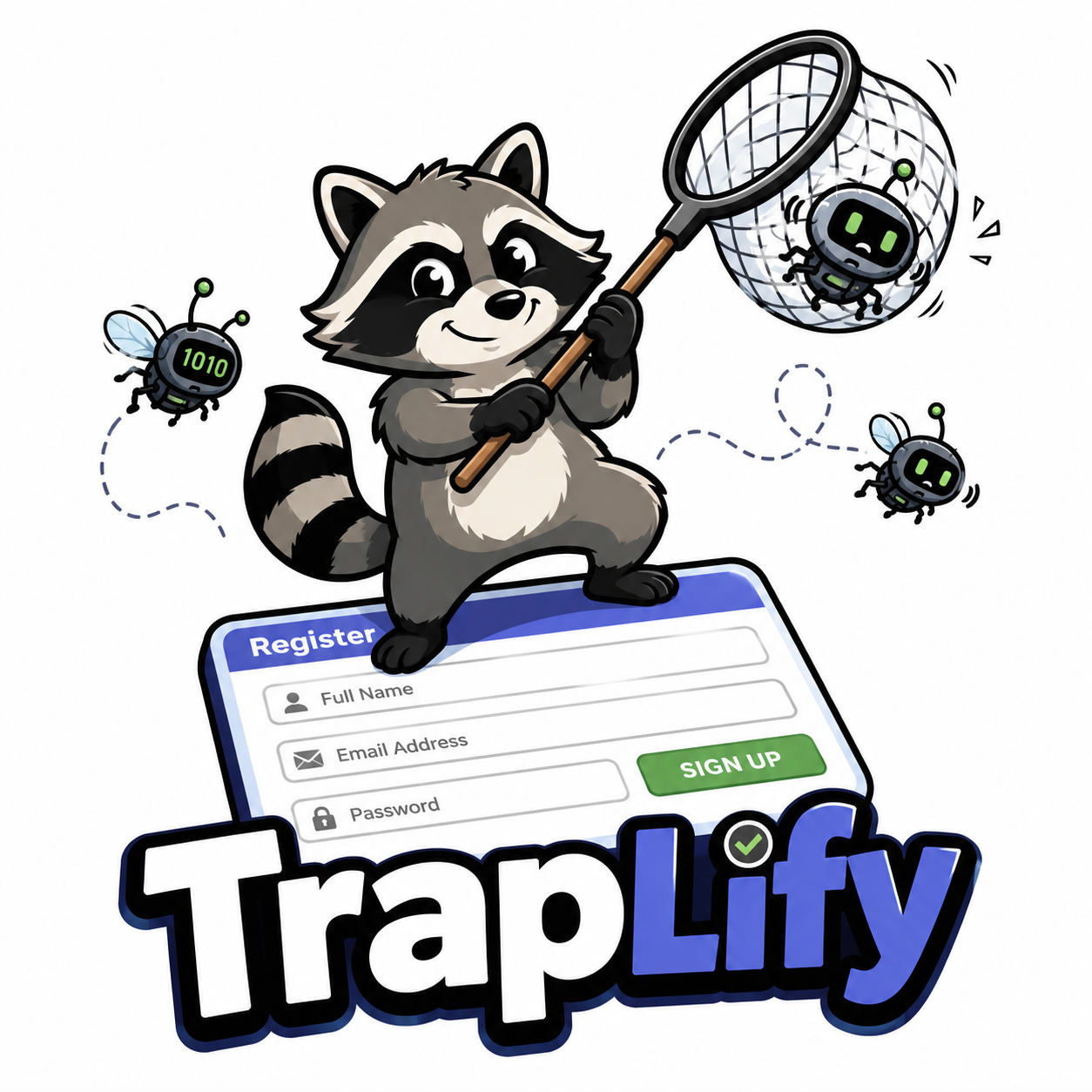 Traplify raccoon mascot catching bots